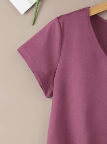 INAWLY Solid V Neck Tee - Purple - View 3