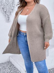 SHEIN CURVE+ 大碼落肩袖開襟開衫 - 卡其色 - 查看 3