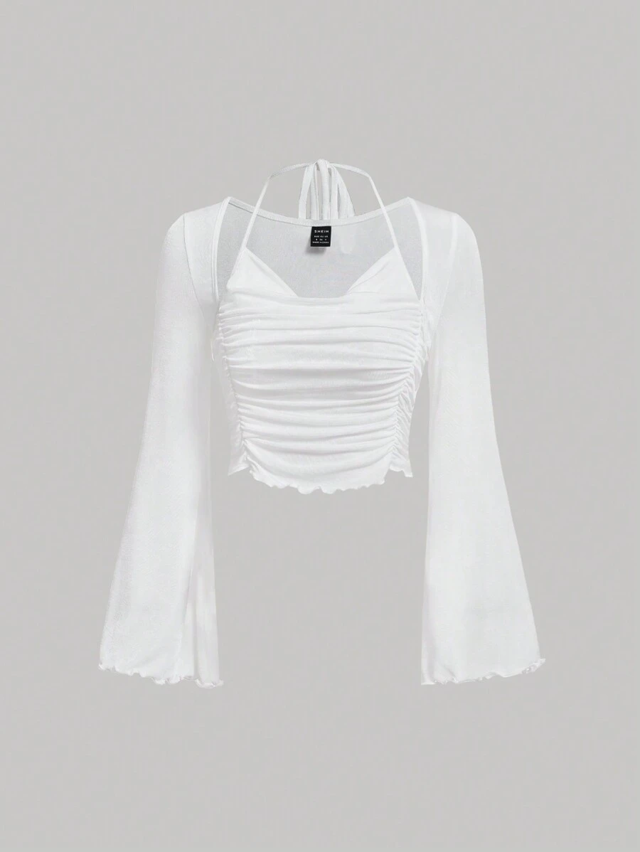 SHEIN MOD Chất rắn Xù Ren Mộc nhĩ Buộc lại Tay áo kèn Áo phông Crop - trắng - Xem 1
