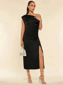 SHEIN Privé Asymmetrical Neck Ruched Satin Blouse