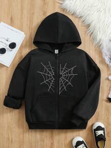 SHEIN 少女蜘蛛网水钻拉链卫衣 - 黑色 - 查看 1