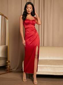 SHEIN Belle Xù Tách đùi Váy Phù dâu Dây - Đỏ - Xem 5