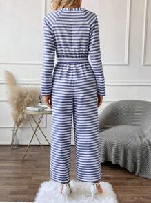 SHEIN LUNE 條紋印花插肩袖腰帶闊腿連體褲 - 藍白色 - 查看 2