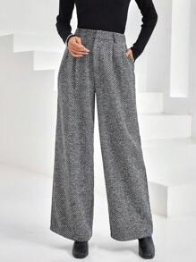 SHEIN Privé Fold Pleated Slant Pocket Wide Leg Pants - Multicolor - View 3