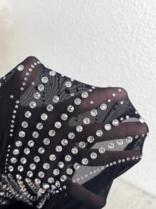 Slaydiva Vestido con diseño de diamante de imitación fruncido bajo asimétrico de terciopelo - Negro - Ver 4