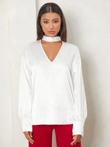 SHEIN Tall Vòng cổ V cổ Thả vai Xa ten Áo sơ mi - trắng - Xem 4