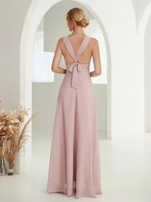 Plunging Neck Ruched Waist Chiffon Bridesmaid Dress - Pink - View 2