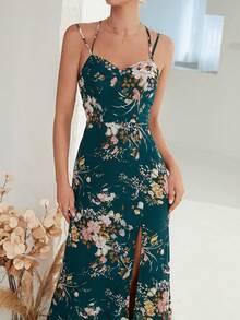 Floral Print Split Thigh Cami Bridesmaid Dress - Green - View 6