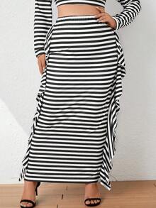 Celure Hơn In sọc Viền Ruffle Váy - Đen và trắng - Xem 6