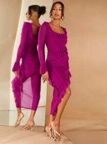 SHEIN BAE Ruffle Trim Flounce Sleeve Split Thigh Dress - Red Violet - View 4