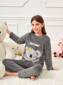 女童毛絨卡通考拉刺繡家居服睡衣套裝 - 淺灰色 - 查看 4