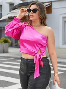 SHEIN Privé Plus One Shoulder Knot Side Crop Satin Blouse - Hot Pink - View 1