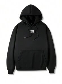 Manfinity EMRG Nam Slogan & In Thiên sứ Túi kangaroo Dây rút Hoodie - màu đen - Xem 2