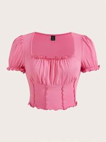 SHEIN Qutie Cổ vuông Ren Mộc nhĩ Áo phông Crop - Hồng - Xem 1