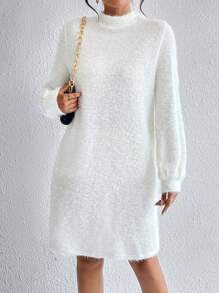 SHEIN Essnce 小高領毛茸茸洋裝不附腰帶 - 白色 - 查看 3