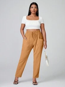 SHEIN LUNE Plus Knit Waist Pocket Patched Pants - Mustard Yellow - View 1
