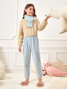 Tween Girl Drop Shoulder Flannel Top & Pants PJ Set With Scarf - Multicolor - View 3