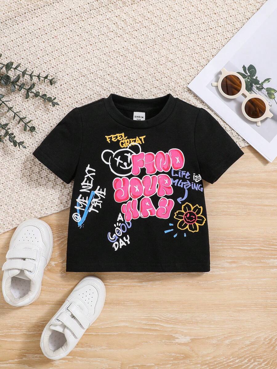SHEIN 女嬰標語和卡通圖案T恤 - 黑色 - 查看 1