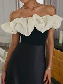 Sollinarry 女士撞色露肩褶饰优雅法式连衣裙，婚礼宾客服装 - 黑色 - 查看 3