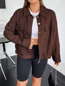 Flirla 大碼落肩袖翻蓋細節燈芯絨夾克 - 咖啡棕 - 查看 5
