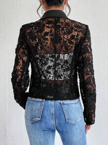 SHEIN Privé 1pc Contrast Lace Zip Up Moto Jacket - Black - View 4