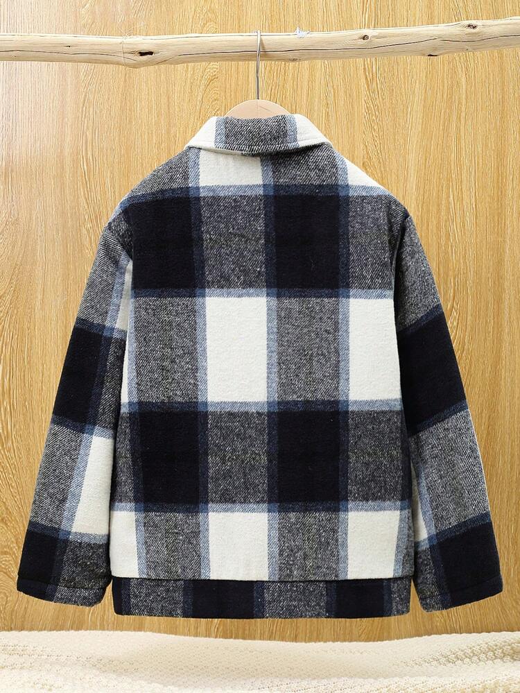 Tween Boy Plaid Print Flap Detail Padded Coat Without Sweater