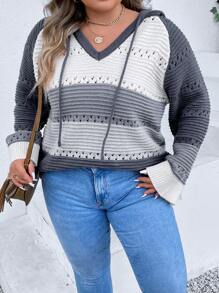 SHEIN LUNE Plus Colorblock Drop Shoulder Drawstring Hooded Sweater