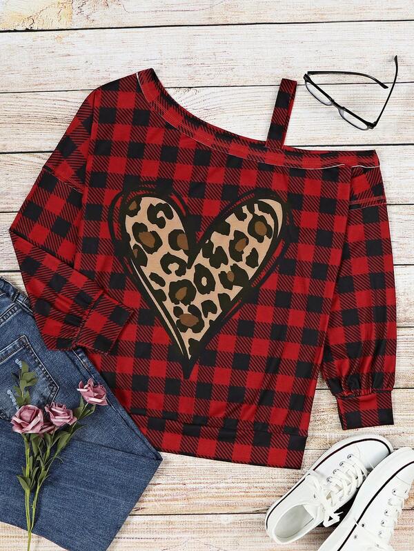 Leopard & Heart Print Asymmetrical Neck Sweatshirt