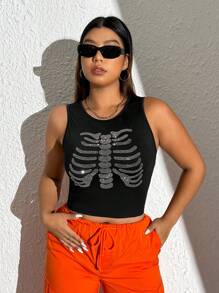 SHEIN EZwear Plus Strass Padrão De Esqueleto Top Tank - Preto - Ver 6