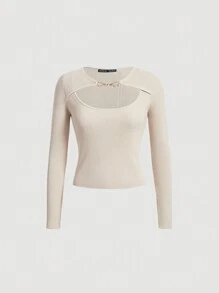 SHEIN MOD Chất rắn Cắt ra phía trước Đồ đan Ribbed Áo len - Màu be - Xem 1