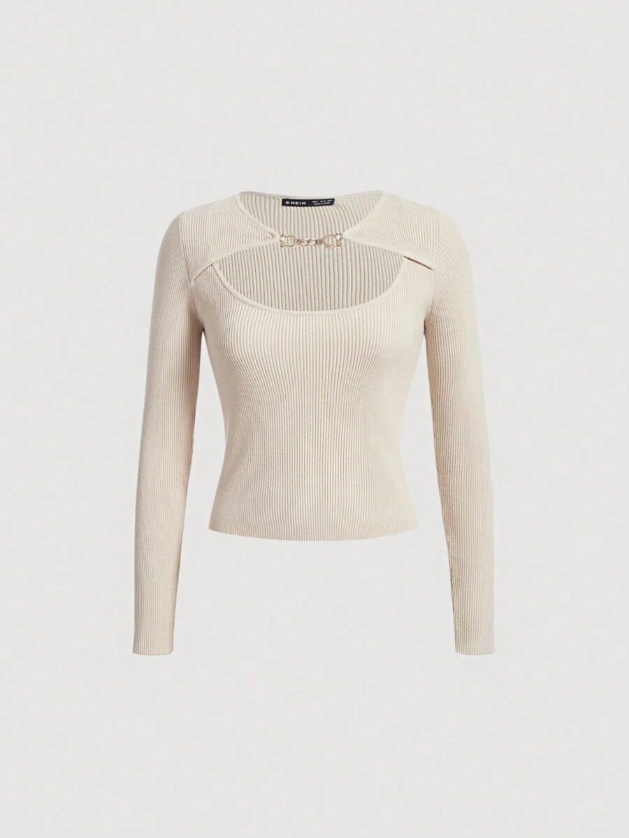 SHEIN MOD Chất rắn Cắt ra phía trước Đồ đan Ribbed Áo len - Màu be - Xem 1