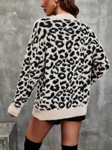 EMERY ROSE Leopard Pattern Drop Shoulder Cardigan,Long Sleeve Tops Fall Winter Cloth For Women - Camel - View 2
