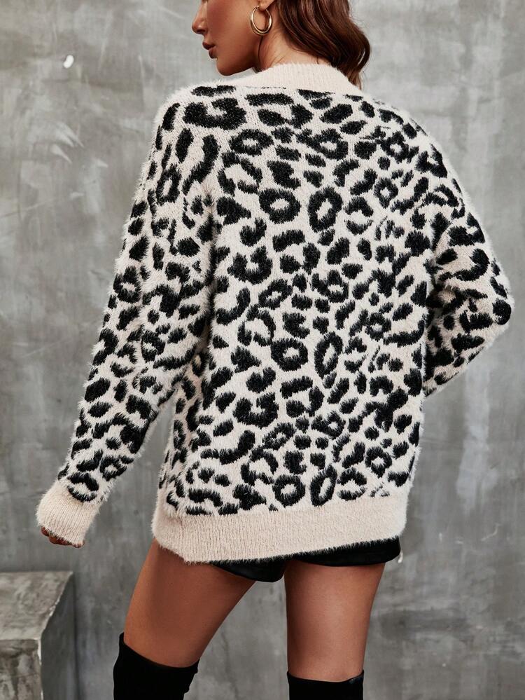 Leopard Pattern Drop Shoulder Cardigan,Long Sleeve Tops Fall Winter Cloth For Women