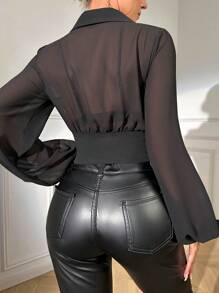 BamGleam Lantern Sleeve Crop Shirt,Long Sleeve Tops Fall Cloth For Women - Black - View 2