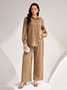 Mulvari Plus Solid Button Front Shirt & Wide Leg Pants - Khaki - View 3