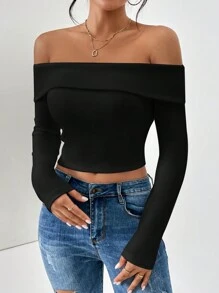 SHEIN Essnce Foldover Off Shoulder Crop Tee