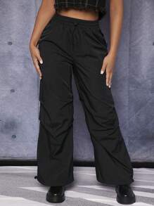 SHEIN PETITE Drawstring Waist Windbreaker Black Pants - Black - View 5