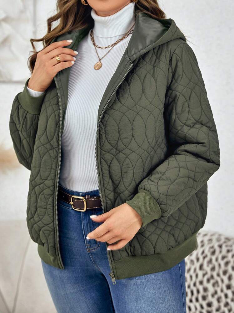 SHEIN LUNE 大碼拉鏈開襟連帽絎縫外套 - 軍綠色 - 查看 5