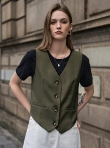 SHEIN Solid Button Front Waistcoat Without Tee - Army Green - View 4