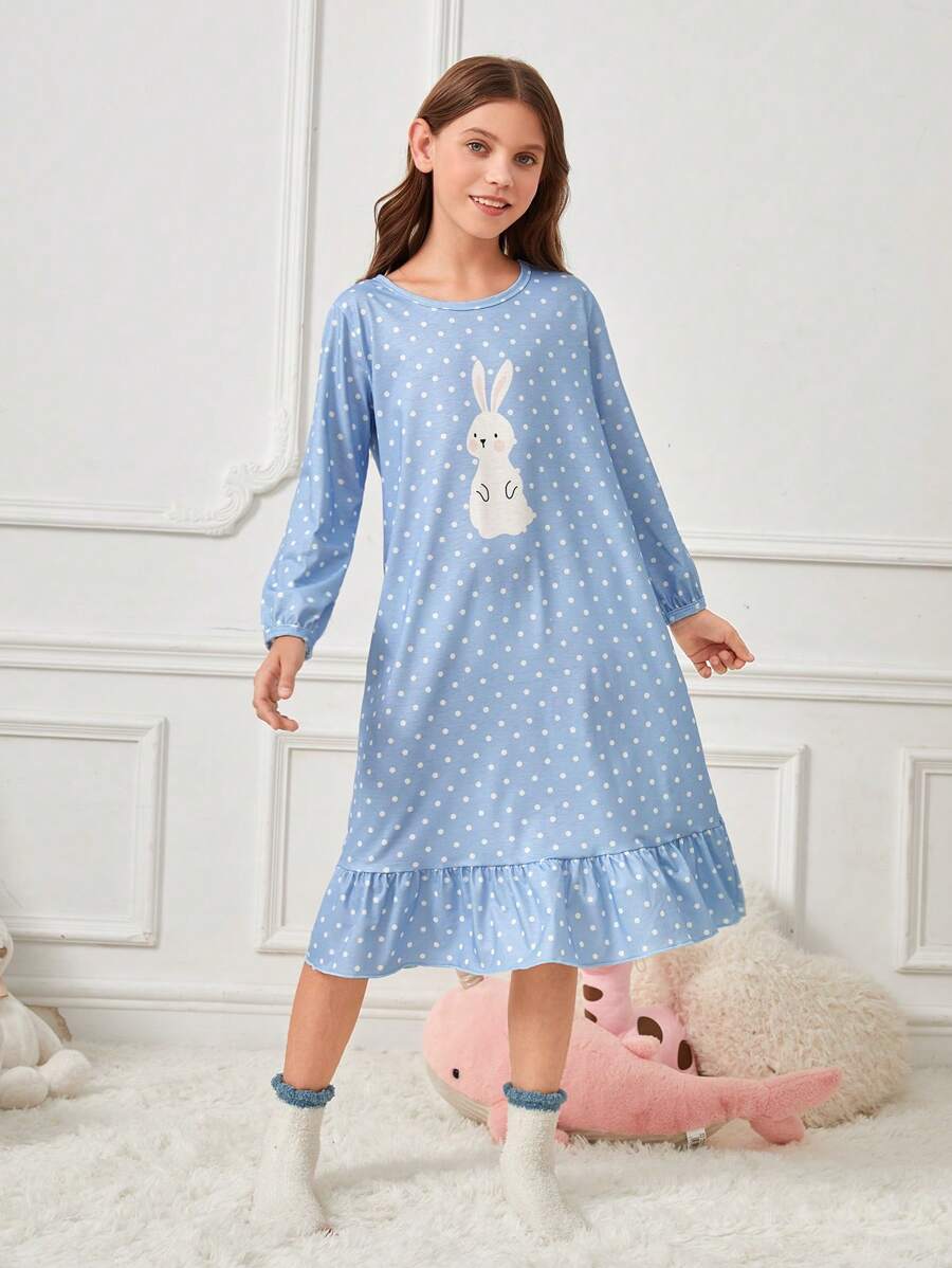 Tween Girl Polka Dot And Rabbit Print Ruffle Hem Nightdress Holiday Travel Releax Summer Clothes - Baby Blue - View 1