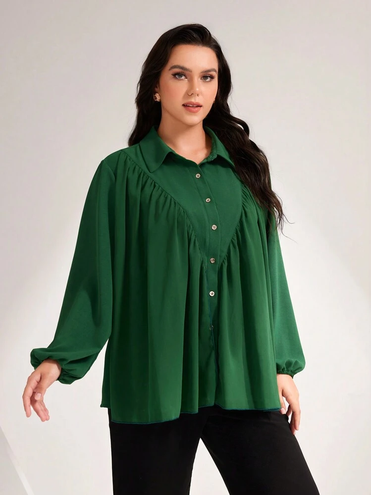 Mulvari Talla grande Camisa de manga farol con fruncido - Verde Oscuro - Ver 3