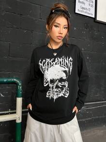 SHEIN Coolane 骷髏頭和字母圖案落肩T恤 - 黑色 - 查看 5