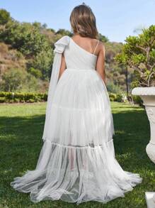 Tween Girl Asymmetrical Shoulder Bow Detail Ruffle Hem Mesh Overlay Dress - White - View 2