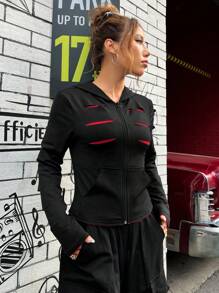 SHEIN EZwear 拉鏈開襟連帽夾克 - 黑色 - 查看 6