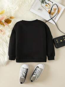 SHEIN Young Girl Fringe Trim Drop Shoulder Sweatshirt - Black - View 2