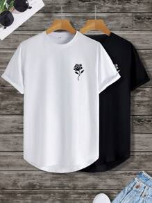 Claim Dot Men 2pcs Casual Floral Graphic Print Short Sleeve Tee, For Going Out - Black and White - View 3
