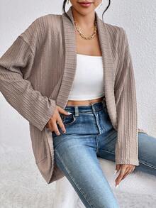SHEIN Essnce 落肩袖開門襟條紋針織外套 - 杏色 - 查看 3