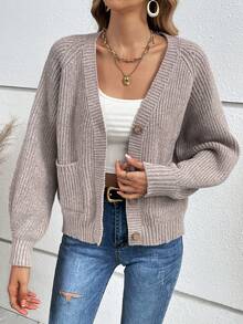 SHEIN Frenchy Raglan Sleeve Pocket Patched Cardigan - Apricot - View 3