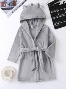 Young Boy Belted 3D Ear Design Hooded Flannel Robe - Grey - View 1