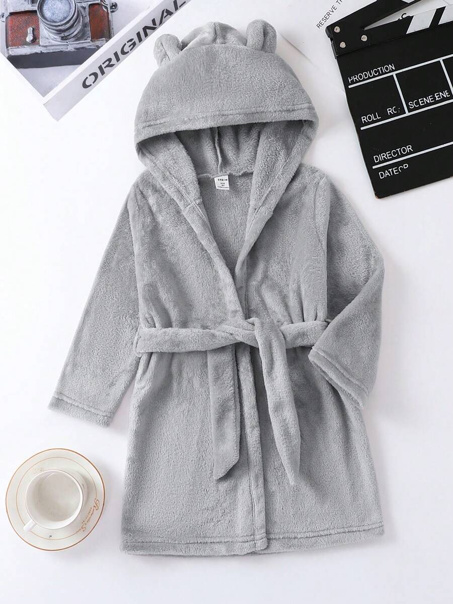 Young Boy Belted 3D Ear Design Hooded Flannel Robe - Grey - View 1